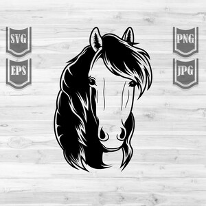 May include: Black and white silhouette of a horse's head with a long mane. The horse is looking directly at the viewer.