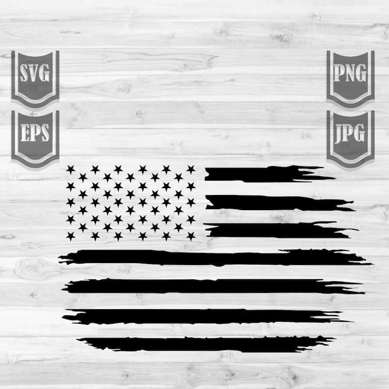 May include: A black and white distressed American flag design. The flag is made up of 13 horizontal stripes and a field of blue with 50 white stars.