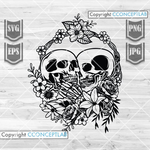 Floral Skull Lovers svg | Skull svg | Skull Couple svg | Floral Lovers svg | Skull png | Couple Skull Clipart | Skull Lovers Cutting Files