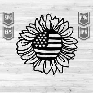 May include: Black and white silhouette of a sunflower with the American flag in the center.