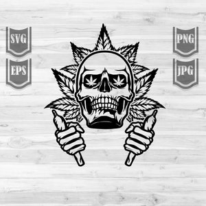 Puede incluir: Ilustración en blanco y negro de una calavera con hojas de marihuana en los ojos y sosteniendo dos porros de marihuana en sus manos.