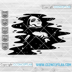 May include: Black and white silhouette of an alien floating in space. The alien has large eyes and a pointed head. The background is a black void with white stars.