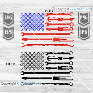 Puede incluir: Dos archivos digitales de un dise&ntilde;o de bandera estadounidense. La bandera est&aacute; hecha de llaves y destornilladores. La bandera superior es roja, blanca y azul. La bandera inferior es negra y blanca. El texto "FILE 1" y "FILE 2" est&aacute; en la esquina superior izquierda de cada bandera. El texto "Copyright CONCEPTLAB" est&aacute; en la esquina superior derecha de la bandera superior y en la esquina inferior izquierda de la bandera inferior.