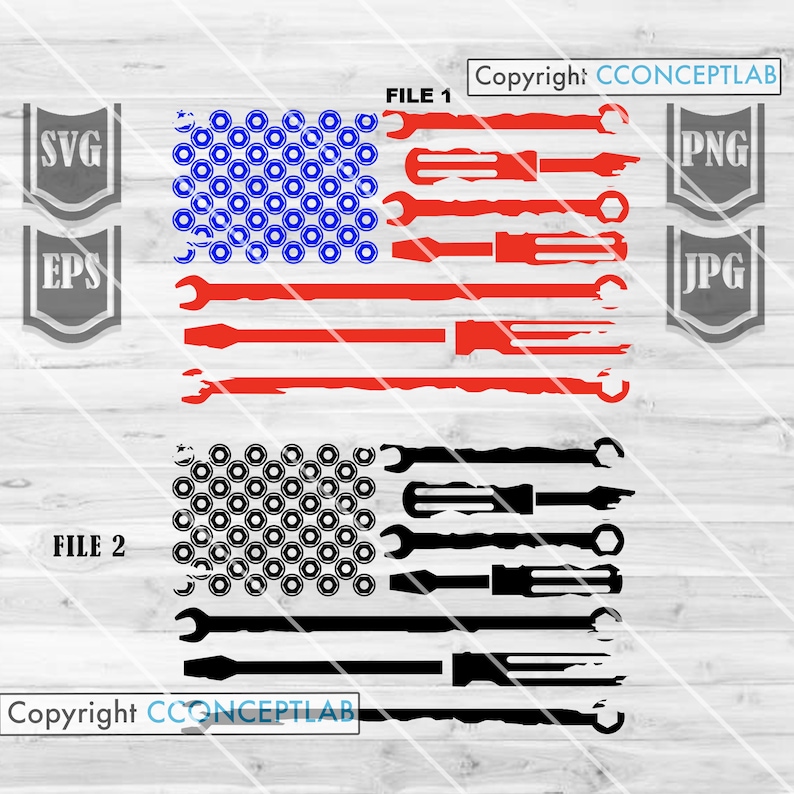 Puede incluir: Dos archivos digitales de un dise&ntilde;o de bandera estadounidense. La bandera est&aacute; hecha de llaves y destornilladores. La bandera superior es roja, blanca y azul. La bandera inferior es negra y blanca. El texto "FILE 1" y "FILE 2" est&aacute; en la esquina superior izquierda de cada bandera. El texto "Copyright CONCEPTLAB" est&aacute; en la esquina superior derecha de la bandera superior y en la esquina inferior izquierda de la bandera inferior.