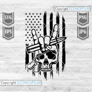 May include: Black and white graphic design of a skull with a peace sign hand holding a bullet. The skull is wearing a chain with dog tags. The design is superimposed on an American flag.
