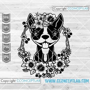 Baby Floral Boston Terrier svg / Cute Dog Clipart / Paw Lover Shirt png / Doggo Mom Cutfile / Puppy Dad Stencil / Hooman Gift Idea / Pet dxf