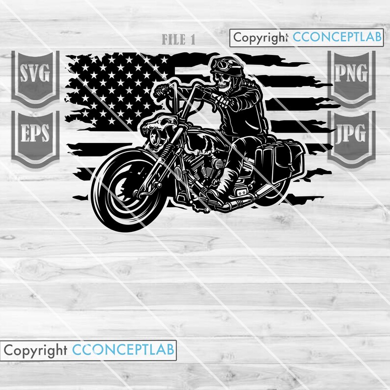May include: Black and white illustration of a skull riding a motorcycle with an American flag background. The motorcycle has a saddlebag and a skull design on the front. The text "FILE 1" and "Copyright CONCEPTLAB" are also included in the image.