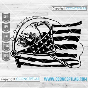 May include: Black and white illustration of a fish being caught on a fishing rod with an American flag draped over the fish. The text "Copyright CONCEPTLAB" is at the top of the image.