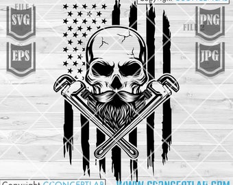 US Plumber Skull svg | Pipe Fitter Dad T-shirt Design png | Pipe Wrenches Clipart | Beard Skeleton Head & Mustache Cut File | Plumbing DXF
