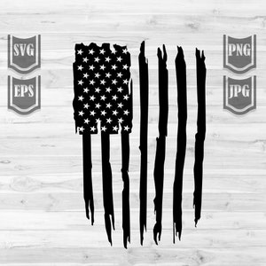 May include: A distressed black and white American flag design with a tattered, worn look. The stars and stripes are visible, with the stripes appearing as jagged lines.