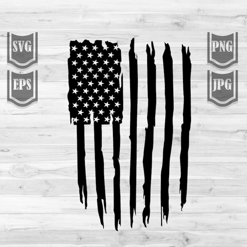 May include: A distressed black and white American flag design with a tattered, worn look. The stars and stripes are visible, with the stripes appearing as jagged lines.