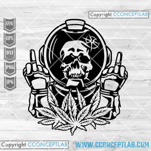 Könnte beinhalten: Schwarz-weiße Grafik eines Schädels in einem Weltraumhelm, der den Mittelfinger zeigt. Unter dem Helm befindet sich ein Cannabisblatt. Das Bild enthält den Text "Copyright CCONCEPTLAB" und Dateityp-Symbole.