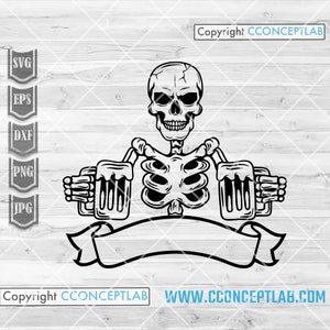 Skeleton with Beer svg | Human Skeletal Drinks Cutfile | Booze Party Stencil | Bar Pub dxf | Beer Mug Clipart | Drinking to Death Shirt png