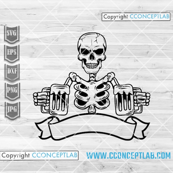 Skeleton with Beer svg | Human Skeletal Drinks Cutfile | Booze Party Stencil | Bar Pub dxf | Beer Mug Clipart | Drinking to Death Shirt png