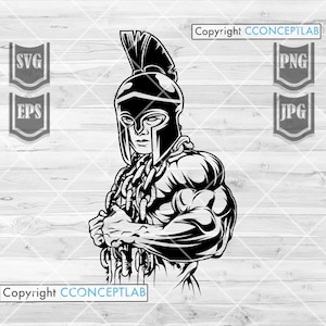May include: Black and white illustration of a muscular figure wearing a helmet with a plume. The figure is holding chains in their hands.