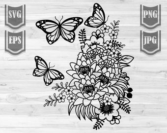Butterflies in the Flower svg | Floral Farm Shirt Clipart | Butterfly Garden Stencil | Bouquet Cut File jpeg | Flower Shop Monogram PNG DXF