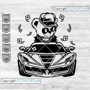 Rich Teddy in Luxury Car svg | Berühmter Bär auf Sportwagen Clipart | Hipster Teddy Schnittdatei | Gangster Grizzly dxf | Raining Money Paper Bill