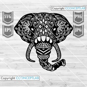 May include: Black and white mandala style elephant head design. The elephant's head is filled with intricate patterns and details. The design is perfect for use in crafts, home decor, or as a digital download.