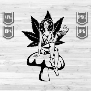 May include: Black and white illustration of a woman sitting on a mushroom with a marijuana leaf behind her. She is holding a joint in her hand.