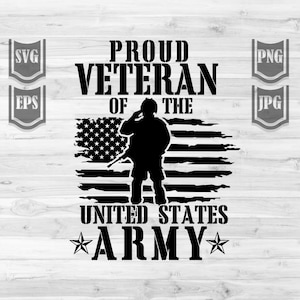 May include: Black and white graphic design featuring a silhouette of a soldier saluting in front of a distressed American flag. The text reads "Proud Veteran of the United States Army" with a star on either side of the word "Army".