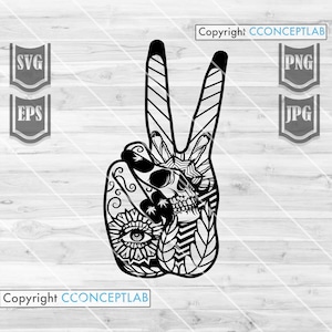 以下が含まれることがあります： 黒と白のピースサイン。頭蓋骨、目、花柄など、複雑なディテールが施されています。ピースサインは、2本の指を立てた手の形をしています。