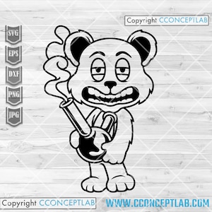 May include: A black and white cartoon illustration of a bear holding a bong with smoke coming out of it. The bear has a goofy expression on its face and is wearing a shirt.