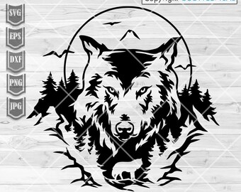 Vargscen svg | Utomhus clipart | Vilda djur klippfil | Skogsmarksstencil | Skogscampingvy dxf | Campingtröja png | Ylande vargar jpeg