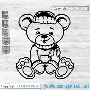 May include: Black and white line drawing of a teddy bear wearing a hat and scarf. The bear is sitting with its paws forward. The image includes the text "Copyright CCONCEPTLAB" and file type icons.
