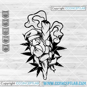 Peut inclure: Illustration en noir et blanc d'une figure ressemblant au Père Noël tenant un objet allumé, avec de la fumée qui s'élève. La figure est entourée de feuilles de cannabis. Le texte "Copyright CCONCEPTLAB" et "WWW.CCONCEPTLAB.COM" est inclus.