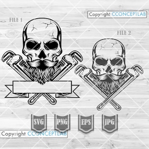 May include: Black and white illustration of a skull with a beard and crossed wrenches. The skull is wearing a bandana and has a banner below it that says "FILE 1".