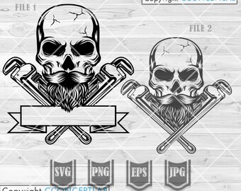 Plumber Skull svg | Pipe Fitter Dad Gift Idea Shirt png | Wrenches Stencil | Plumbing Monogram Cut File | Beard Mustache Skull dxf | Repair