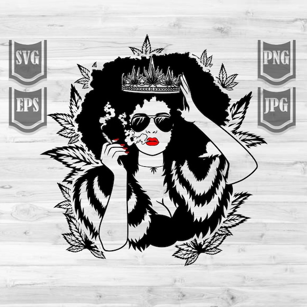 Afro Queen Cannabis Svg | Diva Woman Clipart | Black Weed Queen Stencil | Cannabis Cut File | Smoking Joint png | Rasta Lady dxf | Dope svg
