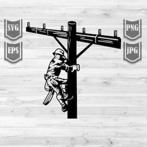 May include: Black and white silhouette of a worker climbing a utility pole with a tool belt and a hard hat.