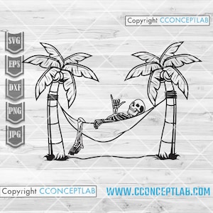 May include: A black and white illustration of a skeleton relaxing in a hammock between two palm trees. The skeleton is giving the shaka sign with one hand.