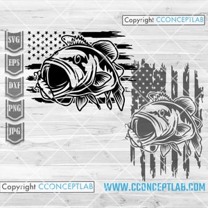 US Bass Fishing svg / BassFish Clipart / Angler Dad Shirt png / Salt Water Fish dxf / River Angling Stencil / Fisherman Gift Idea / Lake Fish