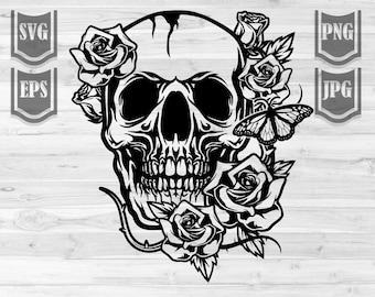 Roses and Skull svg | Human Head and Rose Clipart | Floral Skull Cutfile | Hardcore Shirt png | Rocker Chic Stencil | Halloween Flowers dxf
