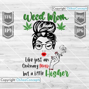 May include: A digital illustration of a woman with a bun in her hair, wearing glasses and red lipstick, holding a lit joint. The text "Weed Mom" is above her head, and the text "Like just an Ordinary Mom but a little Higher" is below her. The image is on a woodgrain background.