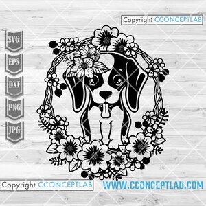 Baby Floral Beagle svg / Flower Dog Clipart / Paw Lover Shirt png / Doggo Mom Cutfile / Home Pet Stencil / Puppy Dad dxf / Hooman Gift Idea