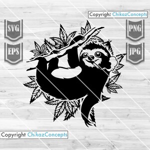 May include: Black and white silhouette of a sloth hanging from a branch with marijuana leaves. The sloth is smiling and has large eyes. The image is a digital download.