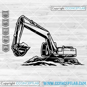 May include: Black and white vector graphic of an excavator, a heavy construction vehicle, digging into a pile of dirt. The image includes file type icons for SVG, EPS, DXF, PNG, and JPG.