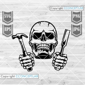 Skull Carpenter svg | Repairman Dad Clipart | Carpentry Monogram | Skull Holding Hammer Stencil | Chisel Tool Cut File | Carpenter Tools DXF