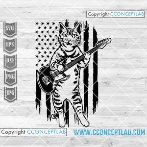 Vlag van de VS Funny Cat Playing Guitar svg | Gitarist Animal Clipart | Nieuwsgierige Kat Stencil | Schattig Kitten dxf | Rockstar Kattenshirt png| Rocker Vader