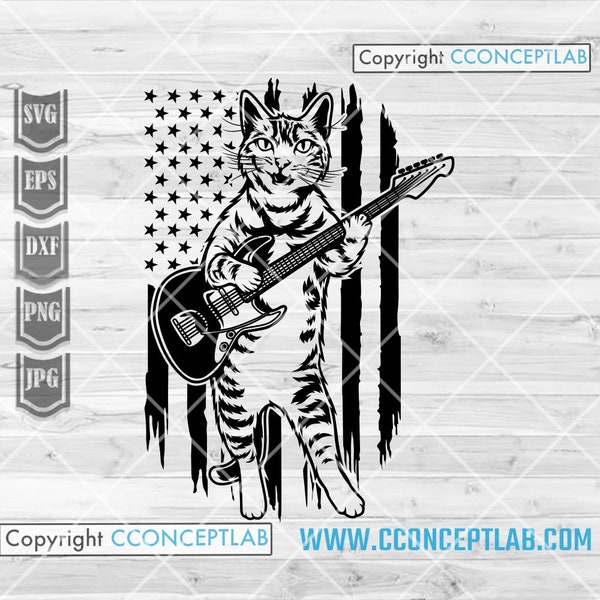 US Flag Funny Cat Playing Guitar svg | Guitarist Animal Clipart | Curious Cat Stencil | Cute Kitten dxf | Rockstar Cat Shirt png| Rocker Dad