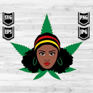 May include: A digital illustration of a Black woman with curly hair wearing a red, yellow and green headband. She is surrounded by green marijuana leaves.