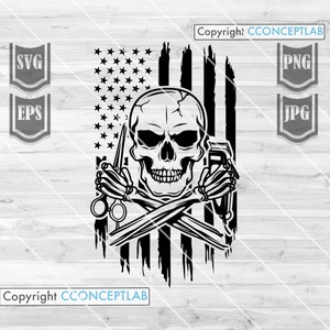 US Barber Skull Svg | Barbershop Monogram | Barber Dad Name T-shirt png | Scissors & Razors Clipart | Hair Hustler Cut File | Stylist dxf