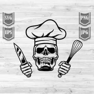 Chef Skull svg / Head Cook Clipart / Cooking Dad Cutfile / Kitchen Tools Stencil / Knife Whisk dxf / Sue-chef Shirt png / Master Griller jpg