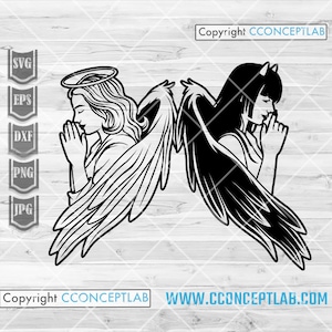 Angel Devil svg / Pretty Girl Praying Clipart / Archivo de corte bueno y malo / Camisa correcta o incorrecta png / Cuerno vs Halo dxf / Plantilla Heaven & Hell