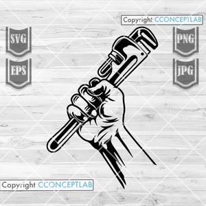 May include: Black and white illustration of a hand holding a wrench. The wrench is in a fist, and the hand is raised in the air. The image is a graphic design.