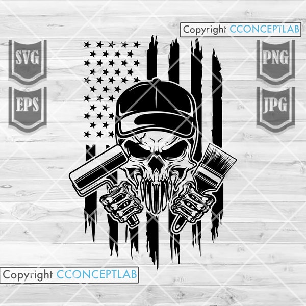 US Painter Skull svg | Lack Monogramm | Maler Schädel Clipart | Maler Schädel Cutfile | Maler Papa svg | Malpinsel svg | Farbwalze svg