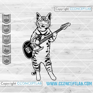 Grappige kat gitaar spelen svg | Gitarist dieren clipart | Curious Cat-sjabloon | Leuk katje | Rockstar Dad Shirt png | Rocker-gitarist